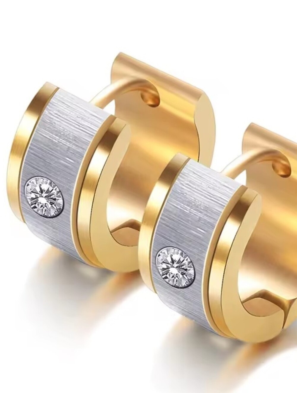Gold and Silver CZ Huggie Earrings - Women's Two-Tone Hoop
